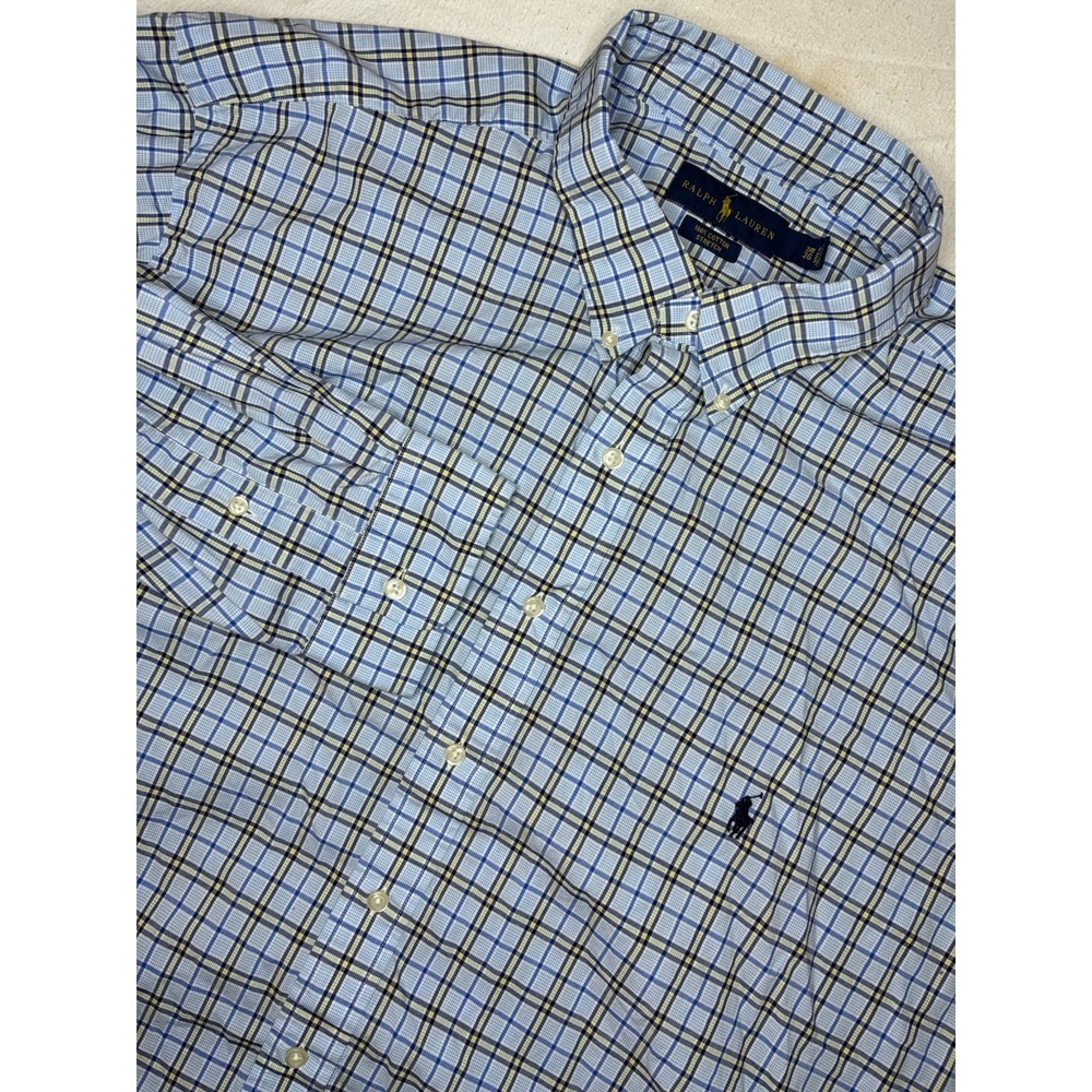 Ralph Lauren Men's 3XB Big Blue Plaid‎ Button Down Shirt 100% Cotton Stretch